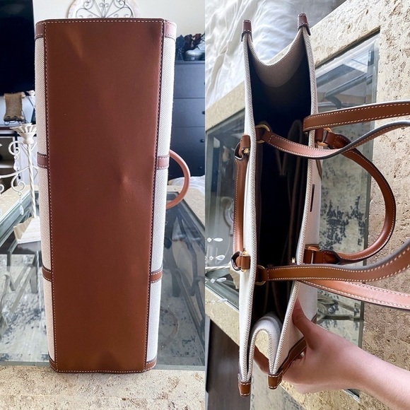 Tory Burch Blake Jumbo Tote Bag Canvas Leather Trim Neutral Cream Brown Cuoio - Picture 3 of 8